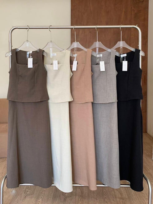Classy Square Neck Sleeveless Tops With Skirts Sets